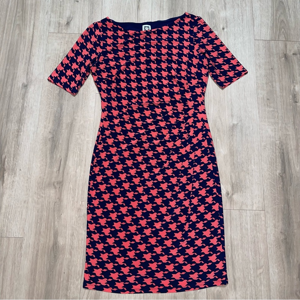 Anne Klein Flattering Comfortable Salmon & Blue Houndstooth Midi Dress Size 6